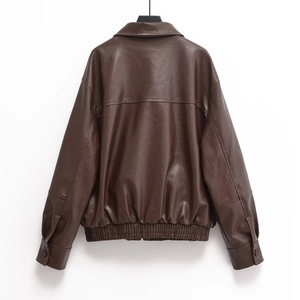 Dark brown faux leather bomber jacket with ribbed cuffs and hem, back view on white background
