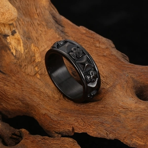 Macro detail of gothic skull engraving on a matte black stainless steel ring for men