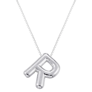 Macro detail of silver puffy balloon letter R pendant on a delicate box chain necklace