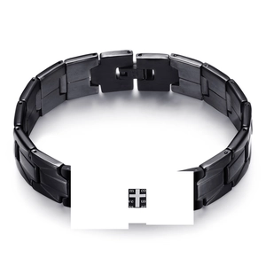 Minimalist 9mm black stainless steel link bracelet with cross emblem on a white background