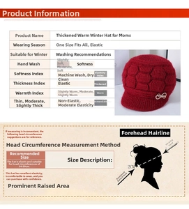 Size chart for thick winter knitted hat with head circumference 54-59cm and washing guide