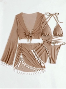 Details zum mokkabraunen 4er-Set Bikini mit Mesh-Überwurf und Fransenrock für Damen