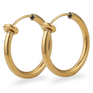Pair of gold minimalist stainless steel spring hoop earrings on a clean white background