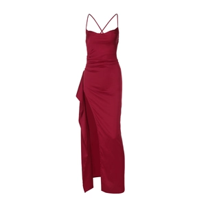 Elegant red satin slip dress with high slit and back strap detail for evening wear