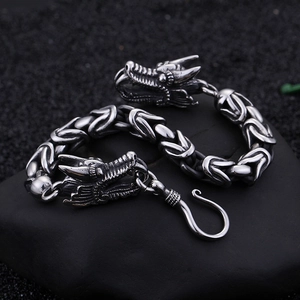 Retro stainless steel dragon head bone chain bracelet for men with silver punk finish