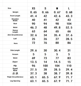 Detailed size chart for tweed jacket and shorts set with dimensions for XS to L sizes