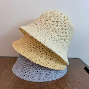 Women Acrylic Knit Bucket Hat Breathable Hollow Out Sun Protection Foldable Fisherman Cap Casual Chic