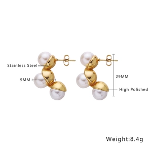 Polished 18k gold plated stainless steel stud earrings with three 9mm white pearls