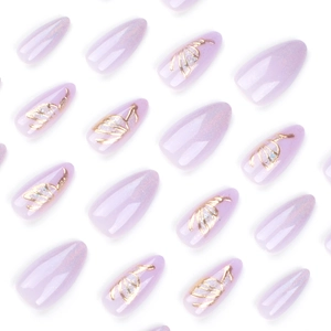 Purple holographic stiletto press-on nails featuring golden metal butterfly accents