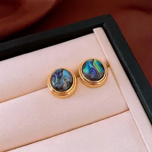 18K gold plated oval shell earrings with natural iridescent texture in a jewelry box