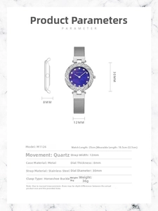 Detailed specs of luxury purple dial ladies watch with silver mesh strap and quartz movement