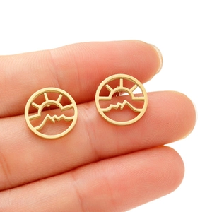 Minimalist gold geometric sun and mountain hollow round stud earrings for women