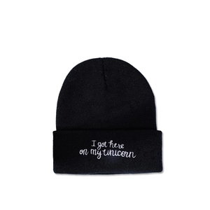 Acrylic Knitted Beanie Hat Warm Winter Cuffed Cap White Unicorn Lettering Embroidery Fashion Simple Unisex Black