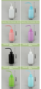 Detailed grid of 150ml and 250ml graduated wash bottles in various colors and sizes