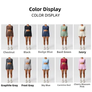 Detail display of yoga set in 10 colors including long sleeve crop top and shorts