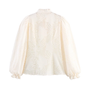Elegant off-white long sleeve blouse with floral jacquard texture and ruffled collar detail