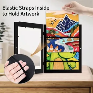 Front-opening black wooden kids art frame with internal elastic bands to secure artwork