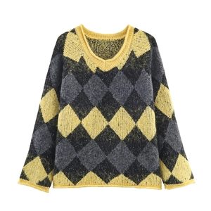 V-Ausschnitt Argyle Strickpullover für Damen mit Pailletten und lockerer Passform