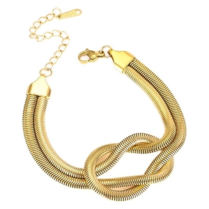 Minimalist gold stainless steel snake chain bracelet with a central knot design and clasp