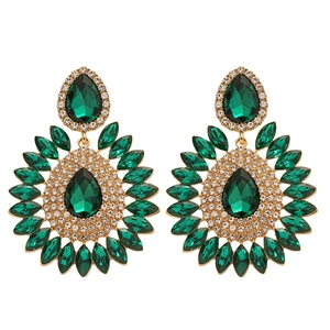 Vintage palace style emerald green water drop earrings with radiant gold rhinestones