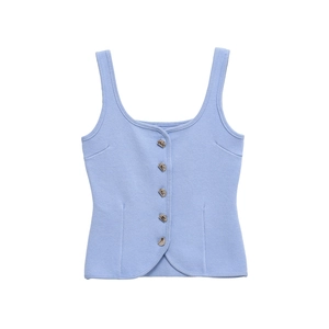 Light blue knit vest with U-neck and designer metal buttons on a white background