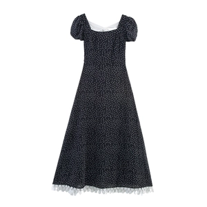 Polka Dot Maxi Dress Polyester Bow Back Square Neck Puff Sleeves Lace Trim Elegant Slim Fit For Women