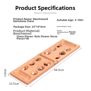 Detailed dimensions of the solid beech wood Mancala board with natural pebble pieces