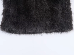 Detailed view of high-density faux fur texture on a dark grey short fashion coat