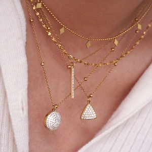 Layered 14K gold plated stainless steel necklace with geometric rhinestone pendants
