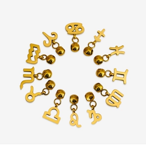 Circle arrangement of 12 gold stainless steel 18K zodiac charms on white background