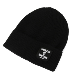 Winter black knitted beanie for men and women with a white letter patch design