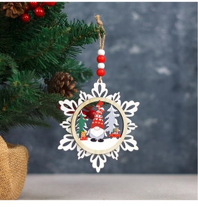 Detailed view of 3-layer wooden snowflake ornament with gnome motif on Christmas tree