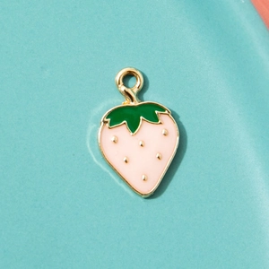 Cute strawberry pendant with pink enamel and green leaves in golden alloy finish