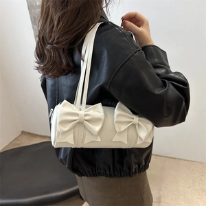 White PU leather small square handbag with double bow decoration and top zipper closure
