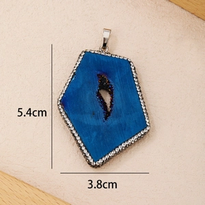 Irregular blue agate geode pendant with rhinestone trim, size 5.4cm x 3.8cm