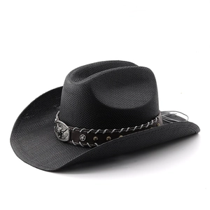 Chapeau de cowboy noir classique avec boucle tête de taureau et rivets vintage