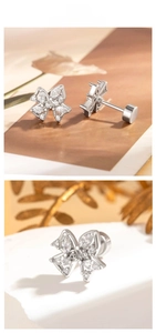 Detail showing butterfly zircon earrings with double-headed screw back in silver finish