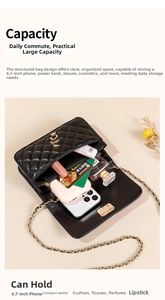 Detail view of spacious quilted bag interior with compartments for phone and cosmetics