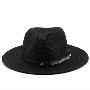 Close-up of black straw fedora hat featuring a leather band and metal diamond detail