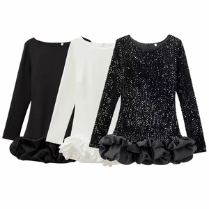 Robe Courte Élégante À Paillettes Satin Manches Longues Col Rond Ourlet Boule Volants Fête Soirée Couleur Unie Femmes