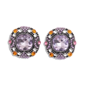 Vintage geometric square earrings with purple crystals and orange accents on silver studs