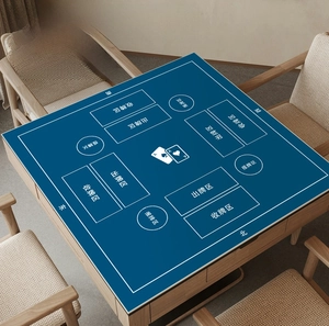 Close-up of a professional dark blue square card game mat with non-slip rubber texture