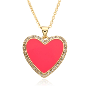 Elegant gold heart pendant necklace with red enamel and white zircon inlay on white base