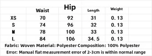 Detailed size chart for polyester embroidered shorts showing waist and hip measurements