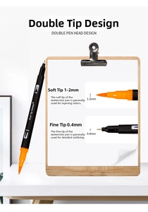 Dual tip marker details featuring 1-2mm brush and 0.4mm fine tip for painting