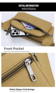 Detail of khaki utility waist bag showing large capacity phone pocket and metal zippers