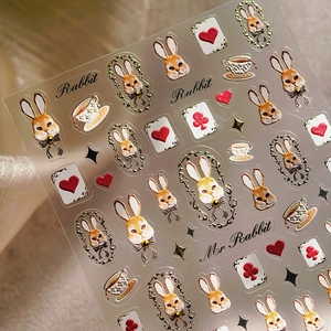 Retro rabbit nail art stickers with vintage cards and gold embossed tea cup designs
