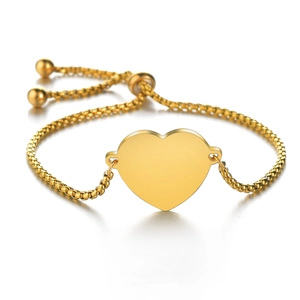 Bracelet coeur en acier inoxydable doré poli avec chaîne à billes réglable et fermoir