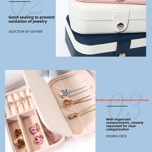 Close-up of portable PU leather jewelry box with double-deck storage and ring slots