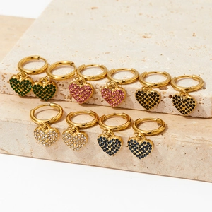 Heart Pendant Hoop Earrings Stainless Steel Gold Plated Colorful Cubic Zirconia Pavé Fashion Trendy Jewelry For Women